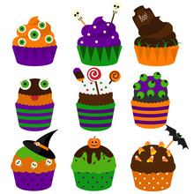 Halloween Cupcakes. Vector Flat Icons. Halloween Bakery. Sweet Party Food