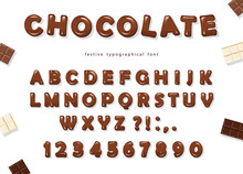 Chocolate Font Design. Sweet Glossy ABC Letters And Numbers.
