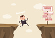 Businessman office worker man character jumps over ravine and fall down. Fail concept. Vector flat cartoon illustration