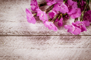 flowers on wooden background with copy space. celebration template concept.