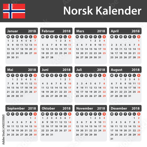 Norwegian Calendar for 2018. Scheduler, agenda or diary template. Week