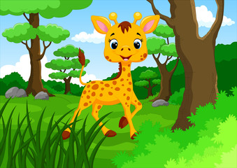 Wall Mural - Cute giraffe in the jungle cartoon