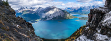 Panorama Of Canadian Rockies With Blue Green Lake And Mountains