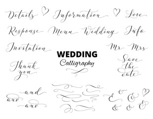 wedding hand written calligraphy set isolated on white. great for wedding invitations, cards, banner