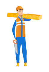 Sticker - Caucasian carpenter holding saw and wooden board.