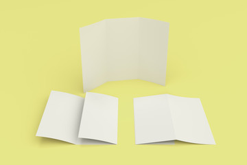 Wall Mural - Blank white three fold brochure mockup on yellow background