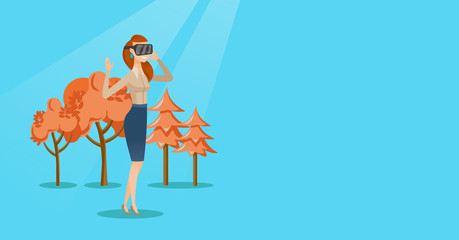 Wall Mural - Woman wearing virtual reality headset in the park.