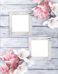 Wall Mural - Retro photo frames with magnolia flowers