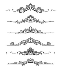 Canvas Print - floral design crown calligraphic elements. linear royal tiara curly vector dividers for elegant wedd