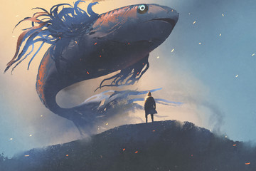 giant fish floating in the sky above man in black cloak, digital art style, illustration painting