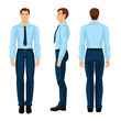 Vector illustration of business man in formal blue shirt and pants isolated on white background. Various turns man's figure. Front view, side and back view.
