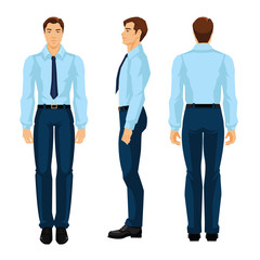 Wall Mural - Vector illustration of business man in formal blue shirt and pants isolated on white background. Various turns man's figure. Front view, side and back view.