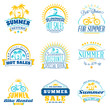 © antartstock - Set of summer sale promotional emblem design. Typographic retro style summer advertising badges for banner or poster. Blue and yellow color theme. Isolated on white. Vector illustration