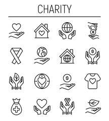 Poster - Set of charity icons in modern thin line style. 