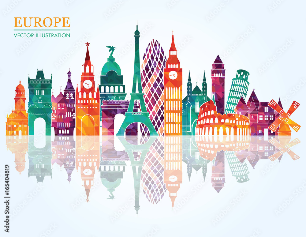 Europe skyline detailed silhouette. Vector illustration - stock vector - obrazy, fototapety, plakaty 