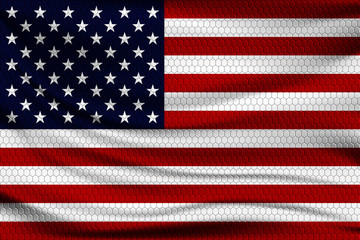 Wall Mural - National flag of USA on wavy fabric with a volumetric pattern of hexagons. Vector illustration.