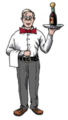 Wall Mural - Cartoon image of waiter. An artistic freehand picture.