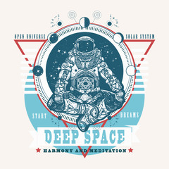 Wall Mural - astronaut in the lotus position t-shirt design. symbol of meditation, harmony, yoga. astronaut and u
