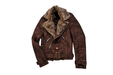 Wall Mural - Warm brown shearling winter coat isolated on white. Casual jacket with fur collar