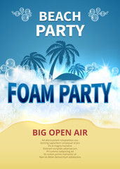 Summer foam party vector poster. Tropical resort beach invitation with soap bubbles