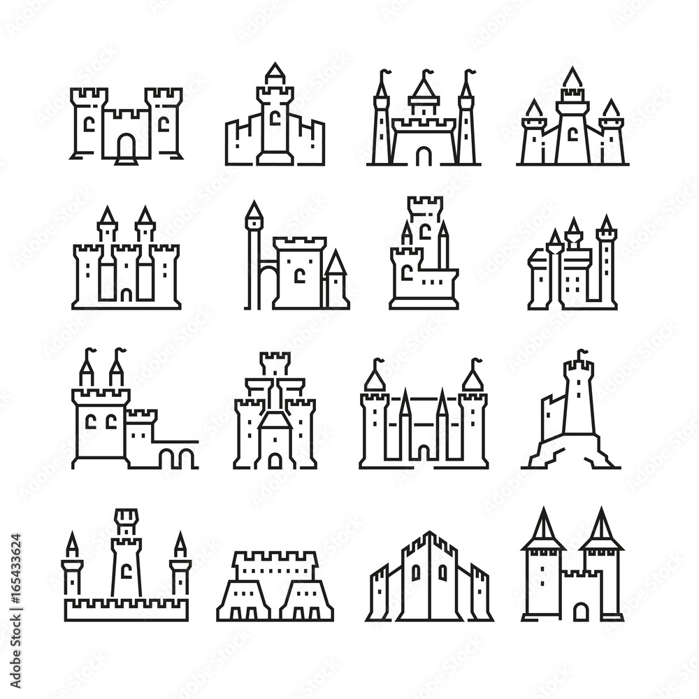 Medieval castle and ancient tower fortress line vector icons - obrazy, fototapety, plakaty 