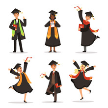 Success And Happy Students. Graduation In Different Countries. Vector Characters