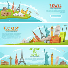 Vector Design Of Three Horizontal Banners Of Travel Illustrations And World Landmarks. Pictures With Place For Your Text
