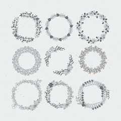 Wall Mural - round frames from branches and leaves. rustic wedding ornaments. vintage hand drawn illustrations