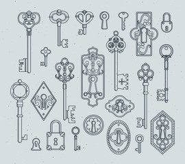 Wall Mural - vintage keys and padlocks for medieval doors. hand drawn vector illustrations