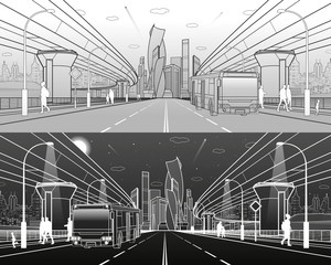 The passengers left bus. Transportation bridge. Wide highway. Urban infrastructure, modern city on background, industrial architecture. People walking, night scene, vector design art 