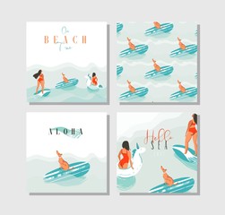 Sticker - Hand drawn vector abstract exotic summer time funny cards set collection template with surfer girls, unicorn float,surfboard and dog on on blue ocean waves water