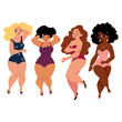 plump, curvy women, girls, plus size models in swimming suits, top view cartoon vector illustration isolated on white background. Beautiful plump, overweight women, girls in swimming suits