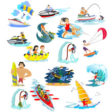 Set Of Water Extreme Sports Icons, Isolated Design Elements For Summer Vacation Activity Fun Concept, Cartoon Wave Surfing, Sea Beach Vector Illustration, Active Lifestyle Adventure