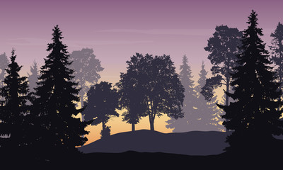 Sticker - Vector illustration of mountain landscape with forest and trees under purple sky at sunrise