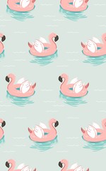 Wall Mural - Hand drawn vector abstract summer time fun seamless pattern with pink flamingo float swimming pool buoy circle isolated on blue water background.