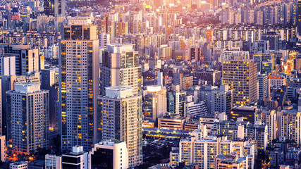Fototapete - Cityscape of building and hotel in Seoul, South Korea.
