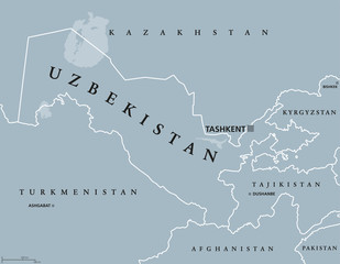 Uzbekistan political map with capital Tashkent and international borders. Republic and landlocked country in Central Asia. Gray illustration with English labeling. Vector.