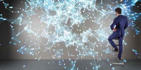 Poster - Businessman using connection network on a wall 3D rendering