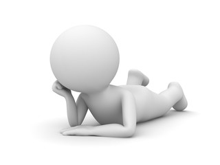 Leinwandbilder - 3d man lying on his stomach and thinking isolated over white background with shadow . 3D rendering.