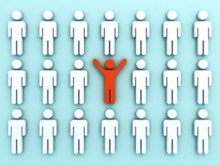 Poster - Stand out from the crowd and different concept , One red man standing with arms wide open among other people on light green pastel color background shadows . 3D rendering.