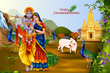 Wall Mural - Lord Krishna and Radha on Happy Janmashtami background