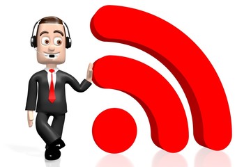 Poster - 3D businessman with headset and WIFI/ Internet symbol - great for topics like call center, customer support etc. 