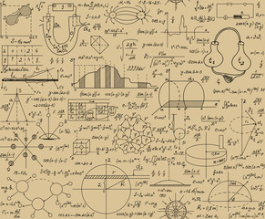 Wall Mural - Scientific vector seamless pattern with physical and math formulas, figures, task solutions, plots and calculations, 