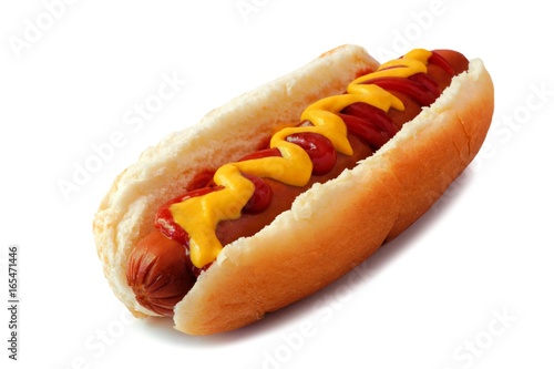 Cuadros en Lienzo Hot dog with mustard and ketchup, side view isolated on a white background