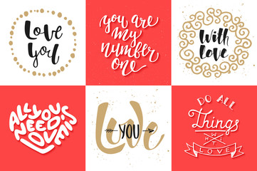 Wall Mural - Set of vector romantic lettering posters, greeting cards, decoration, prints. Hand drawn typography design elements. Handwritten lettering. Modern ink brush calligraphy.