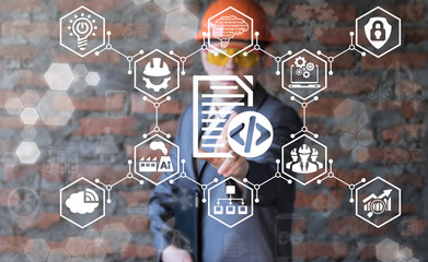 Wall Mural - source code industry 4.0 api engineering program concept. man presses file code button on virtual gr