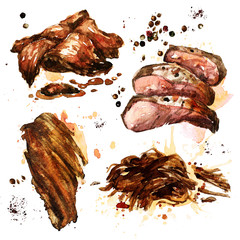 Wall Mural - Variety of cooked meat. Watercolor Illustration. 