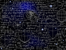 Math Vector Endless Seamless Pattern With Formulas, Figures And Calculations Handwritten On The Starry Space Background. Scientific Endless Texture