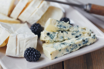 Wall Mural - Cheese plate. Assortment of cheese with berries