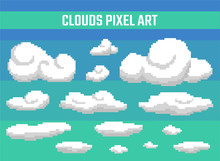 Set Of Pixel Clouds On Blue Background